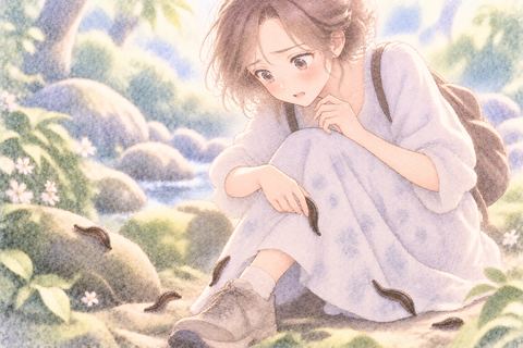複数のヒルに囲まれ戸惑う女性