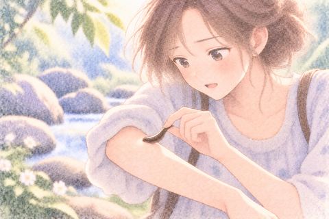 腕からヒルを自分で外す女性