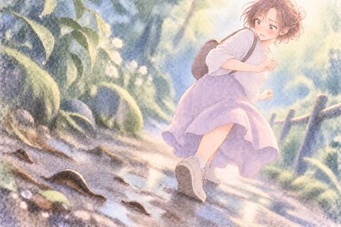 ヒルのいる場所から離れる女性