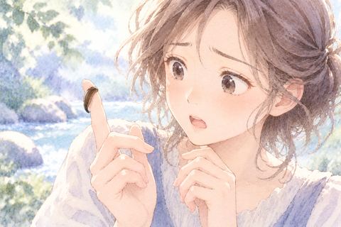 指に吸いついた小さなヒルを見る女性