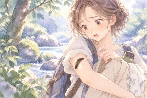 腕のヒルを気にして立ち止まる女性