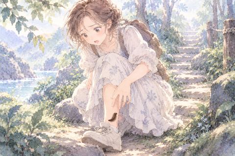 足のヒルに気づいて立ち止まる女性