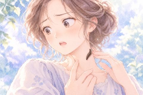 首元のヒルに気づき緊張する女性