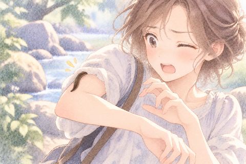 ヒルに噛まれ腕を引く女性