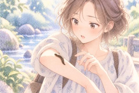 腕のヒルを不思議そうに見る女性