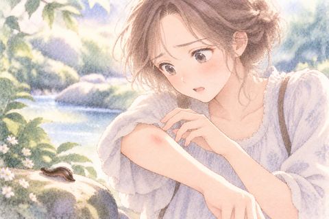 ヒルが離れた腕を心配そうに見る女性