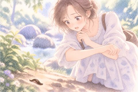 ヒルが離れたあと腕を見て息をつく女性