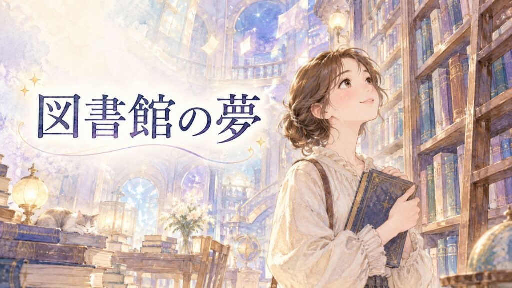 夢の図書館で本棚を見つめる大人の女性