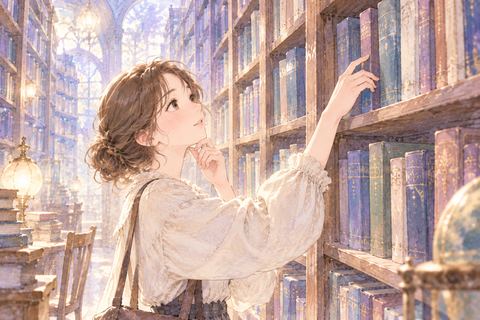 図書館の本棚から目当ての本を探す女性