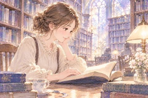 図書館の机で本を静かに読む女性