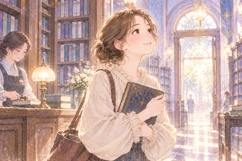 図書館で選んだ本を大切に抱える女性