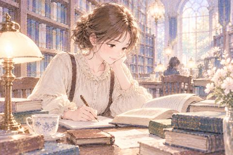 図書館の机で本とノートを広げて勉強する女性