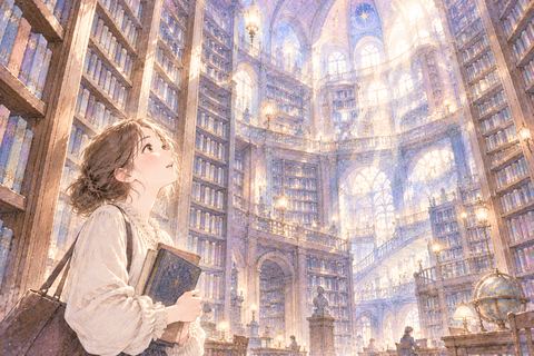 巨大な図書館の本棚を見上げる女性