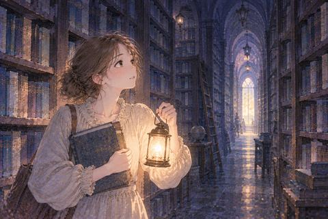 暗い図書館で小さな灯りを頼りに進む女性