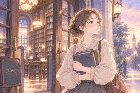 閉館する図書館から本を抱えて出る女性