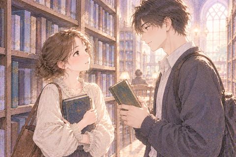 図書館の本棚の前で異性と出会う女性