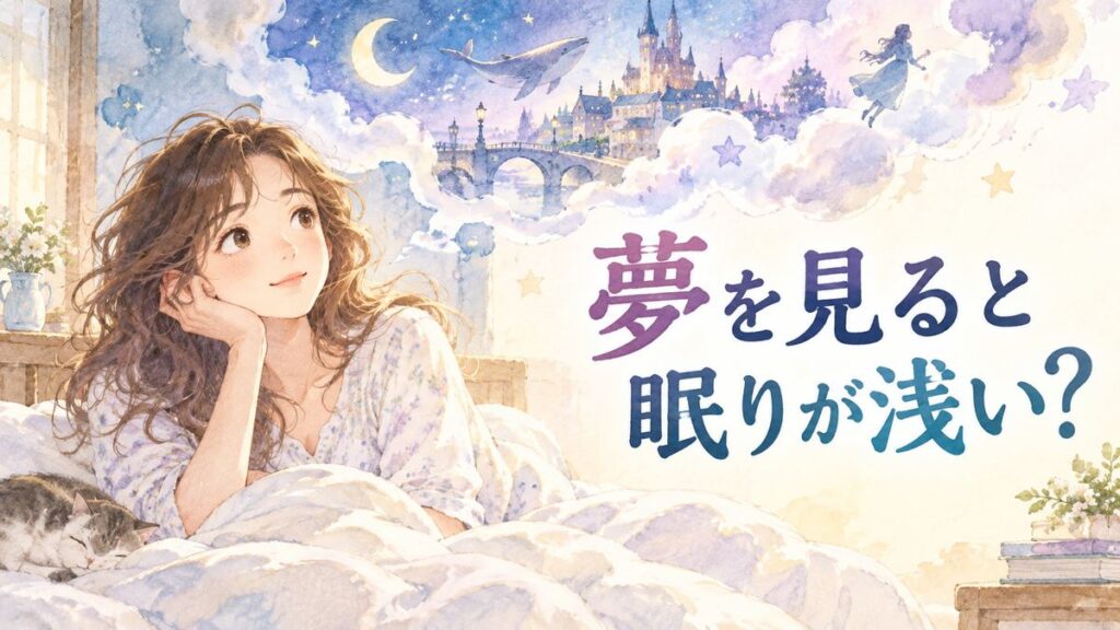 朝のベッドで夢を思い出す女性と、空中に浮かぶ幻想的な夢の風景
