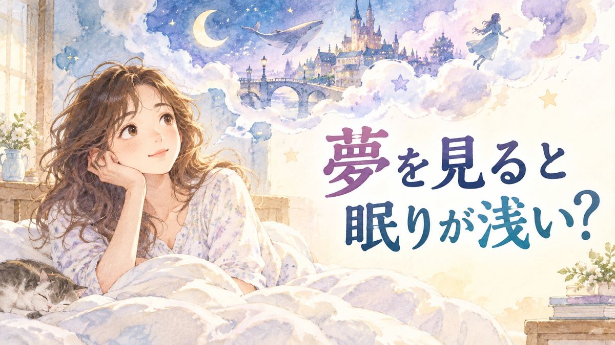 朝のベッドで夢を思い出す女性と、空中に浮かぶ幻想的な夢の風景