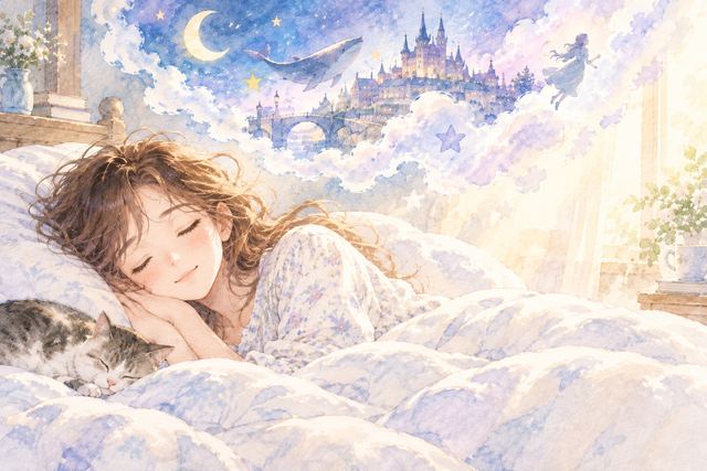 眠る女性の頭上に夢の風景が浮かび、枕元に淡い光が広がる