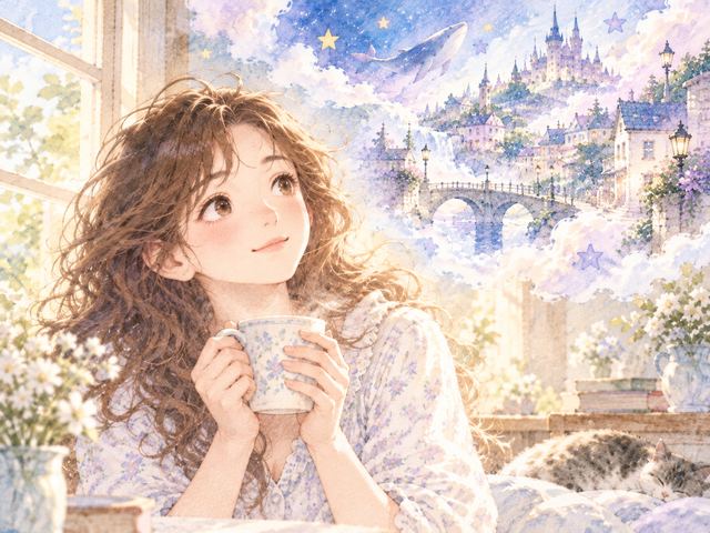 朝の窓辺で夢の街並みを思い浮かべる女性