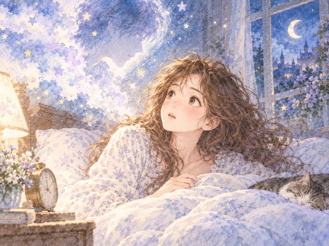 夜中に目を覚まし夢の続きを思い出す女性