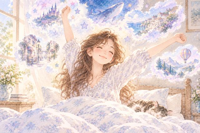 夢の余韻を感じながらベッドで伸びをする女性