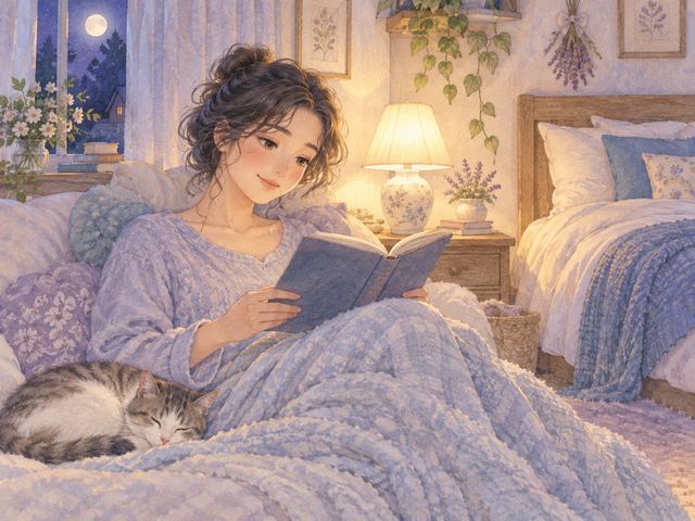 柔らかな照明の寝室で本を読みながらくつろぐ女性