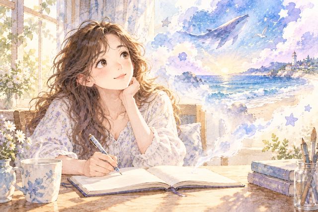 朝の机で印象に残った夢を手帳に書き留める女性