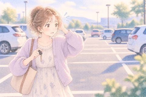 駐車場で車を探す女性