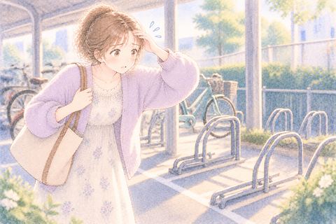 空の駐輪場所で自転車を探す女性