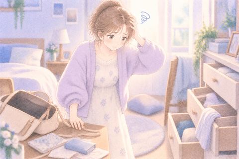 部屋を探しても物が見つからず困る女性