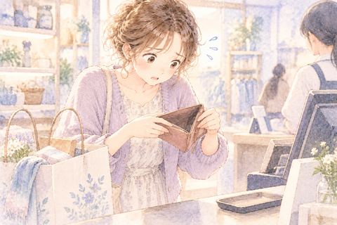 財布の中のお金やカードを探す女性