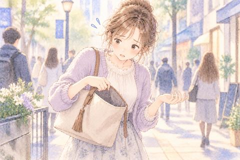 スマホが見当たらず周囲を探す女性