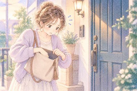 玄関前で鍵を探す女性