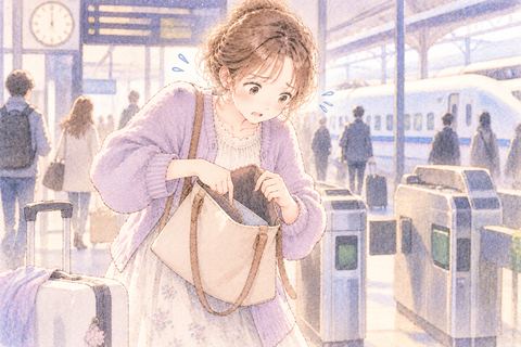 駅で切符を探して焦る女性