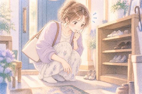 玄関で靴が見つからず困る女性