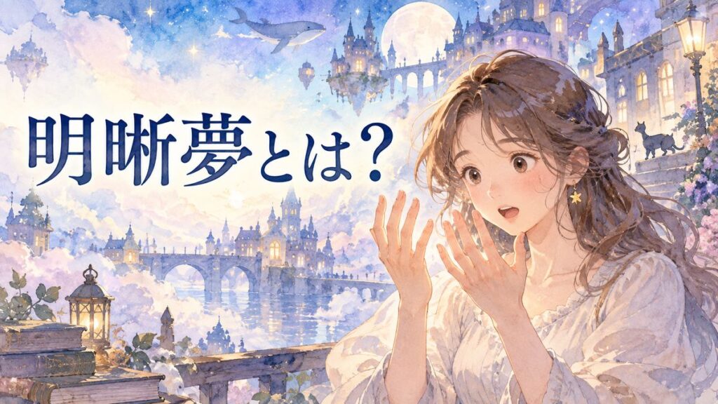 夢の街で夢だと気づき驚く大人の女性