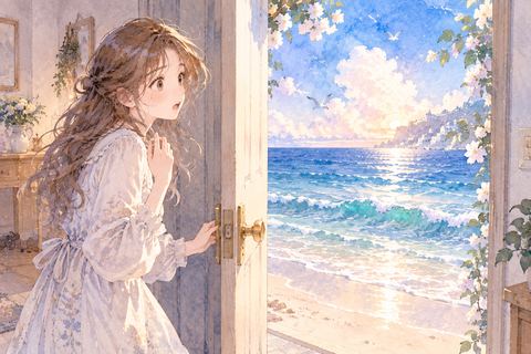 扉の先の海を見て夢だと気づく大人の女性