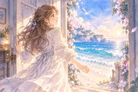 扉の先の海辺へ進む大人の女性