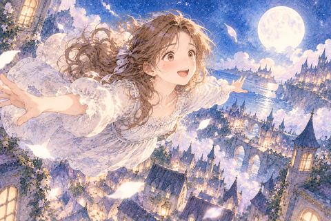夢の夜空を嬉しそうに飛ぶ大人の女性