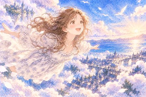 夢の空を自由に進み喜ぶ大人の女性