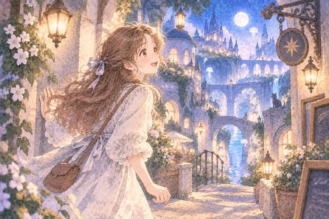 幻想的な知らない街を楽しむ大人の女性