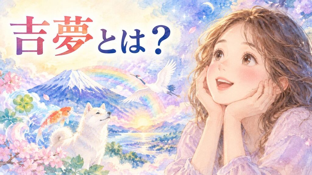 夢のモチーフを見つめる女性と富士山や虹や白い動物