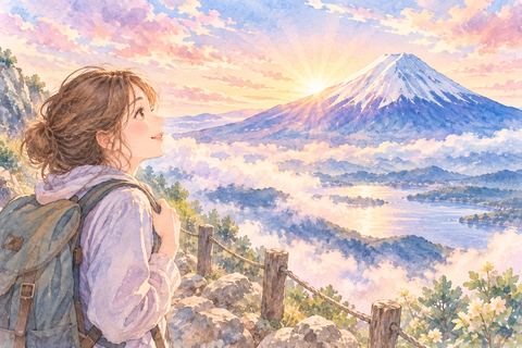 朝焼けの富士山を見上げる女性