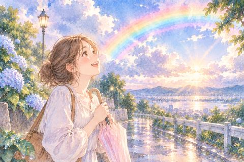 雨上がりの空に架かる虹を見る女性