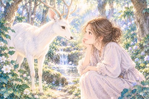 白い鹿と穏やかに向き合う女性