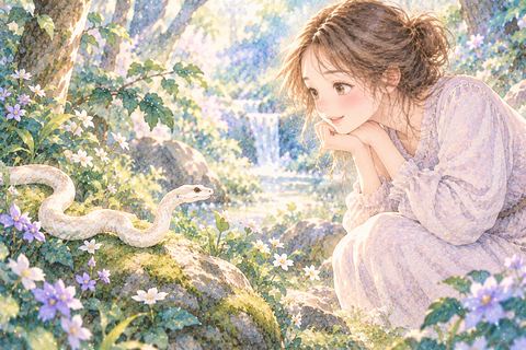 草むらの蛇を落ち着いて見つめる女性