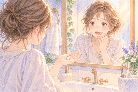 抜けた歯を手にして鏡を見る女性