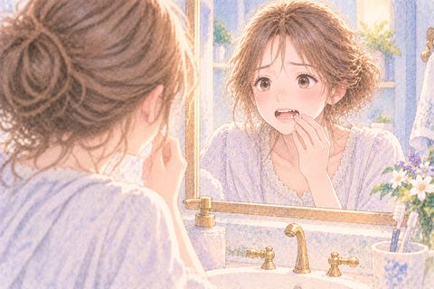 鏡で欠けた歯を確かめる女性