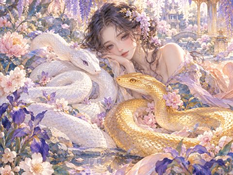 花の咲く庭で穏やかに佇む白蛇と金色の蛇